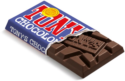 Chocolade Tony's Chocolonely donkere melk pretzel toffee reep 90 gram