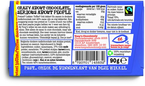 Chocolade Tony's Chocolonely donkere melk pretzel toffee reep 90 gram-1