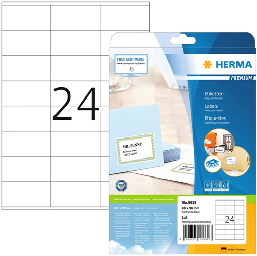 Etiket HERMA 8638 70x36mm premium wit 240 stuks