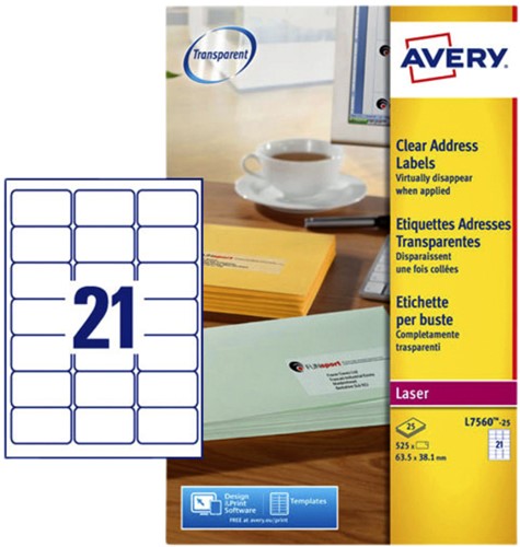 Etiket Avery L7560-25 63.5x38.1mm transparant 525 stuks