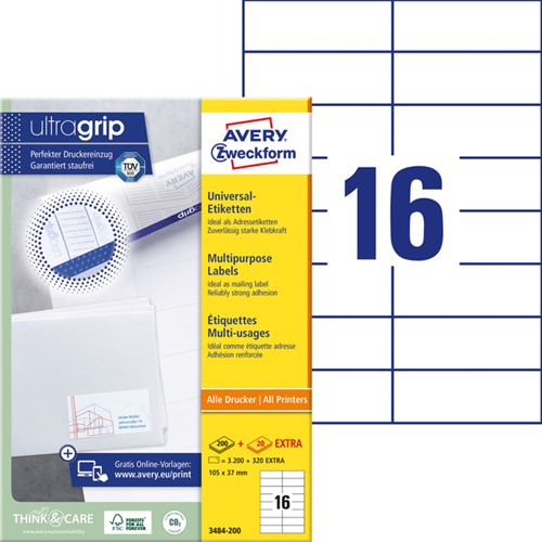 Etiket Avery 3484-200 105x37mm wit 3200 stuks-2